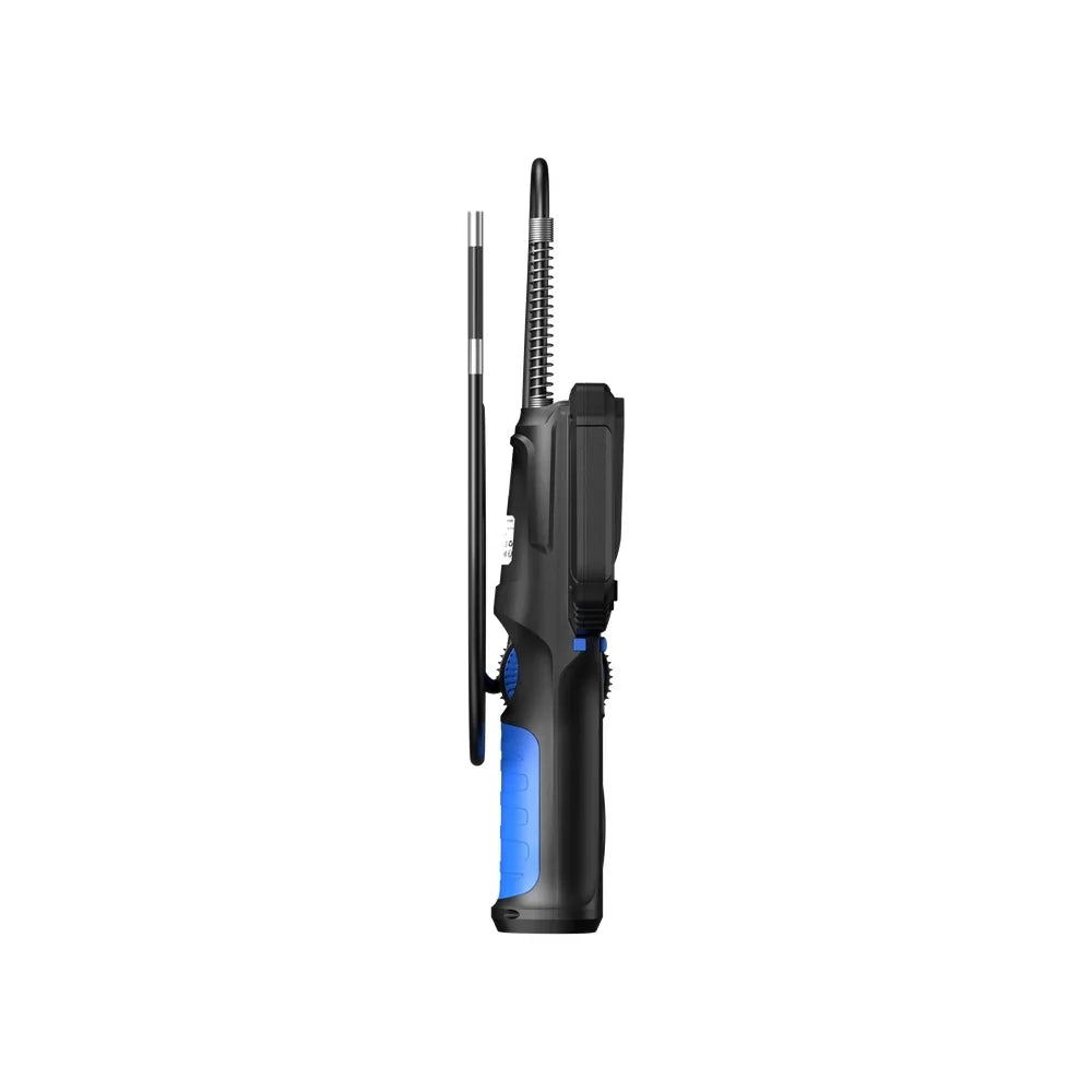 A handheld black and blue device with an attached long black antenna, shown upright against a plain white background.